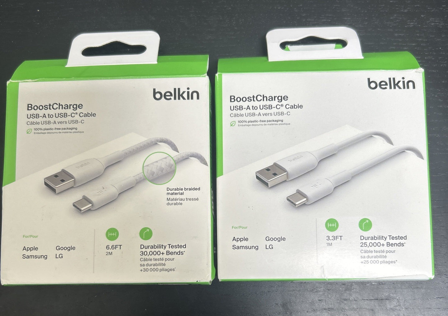 2 Pack Belkin Boost Charge USB-A to USB-C Cable 6.6FT Durable Braided WHITE