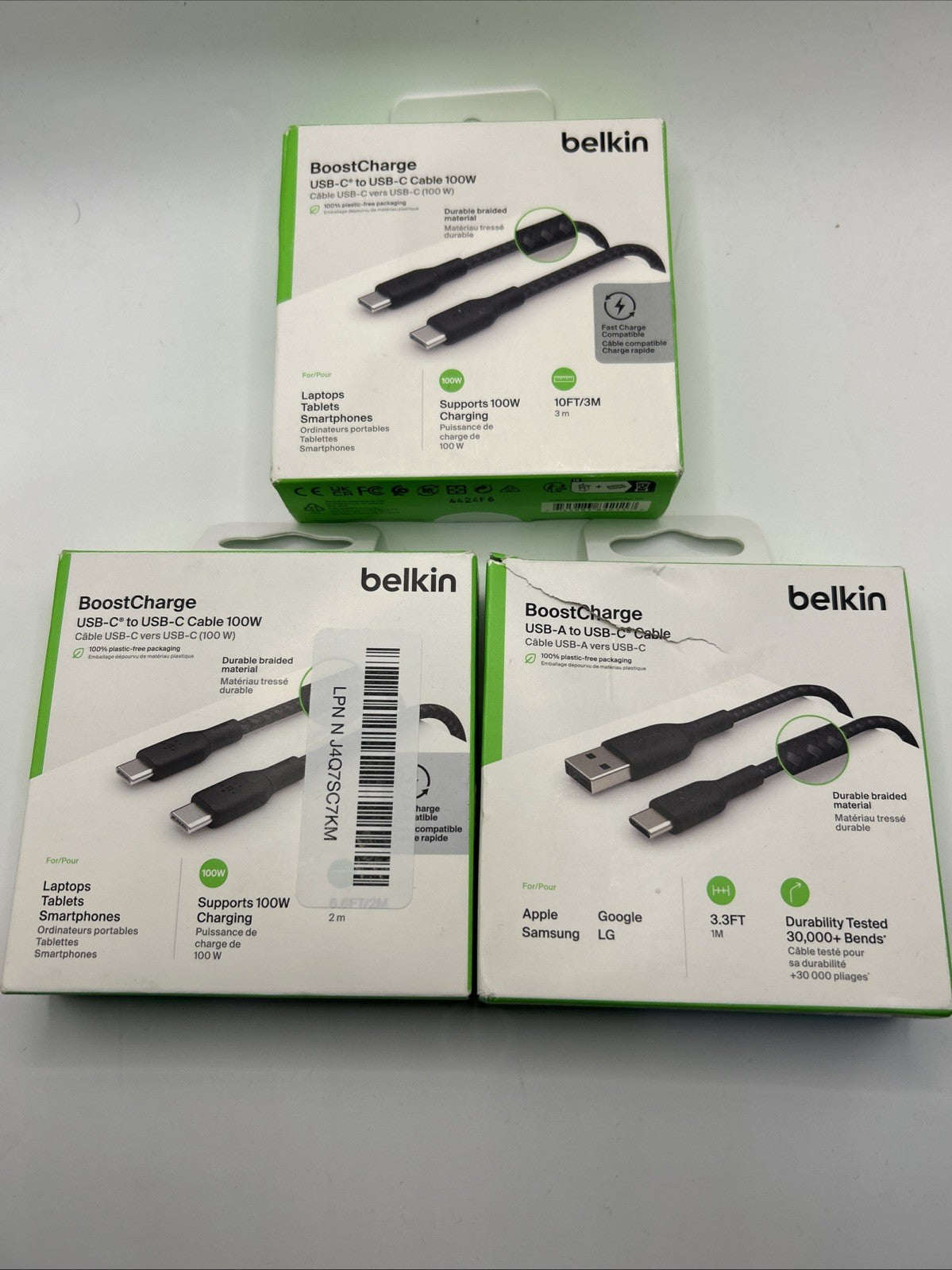 3 Belkin BoostCharge Braided USB-C Cable - 3 Feet- 6 Feet -10 Feet