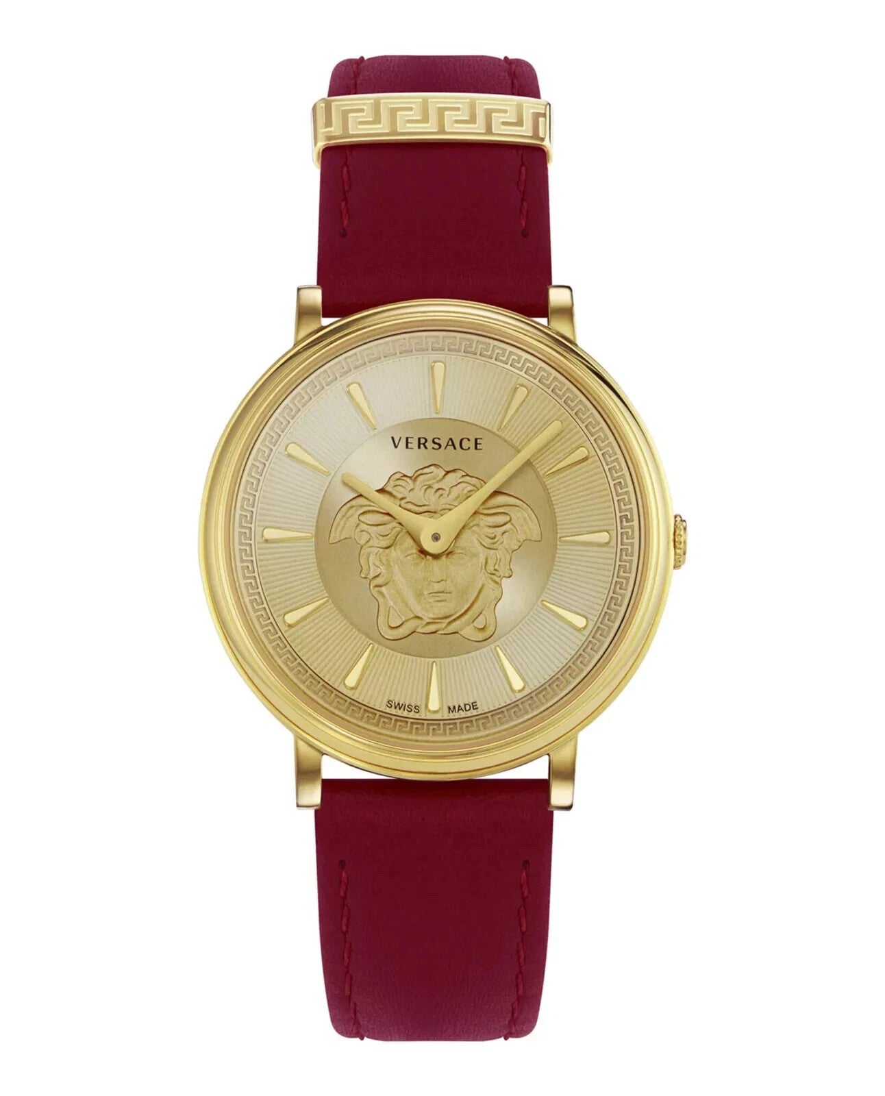 $450+ Retail NEW Versace VE8103821 V-Circle gold burgundy Leather Women's Watch