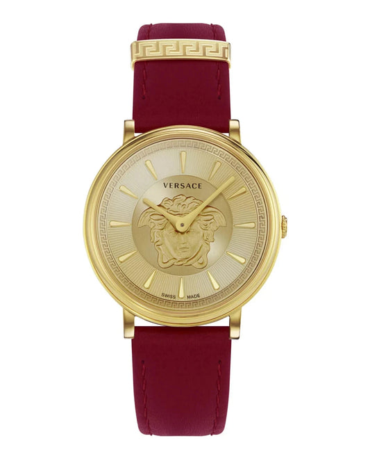 $450+ Retail NEW Versace VE8103821 V-Circle gold burgundy Leather Women's Watch
