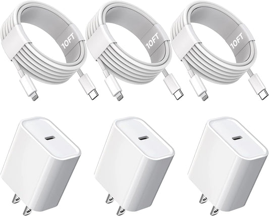 TrimDish 10FT iPhone Fast Charger 3Pack Extra Long, Apple MFi Certified