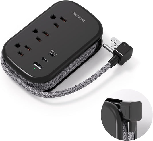 USB C Travel Power Strip, BESHON Ultra Flat Extension Cord, Flat Plug Power